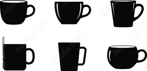 Black Coffee and Tea Cup Mug Silhouette Icon Set – Vector Collection of Minimal Drinkware Designs for Café and Branding Use