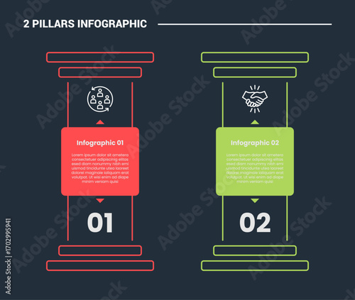 2 pillars infographic process diagram with big pillar without roof with dark background bright outline style 2 points