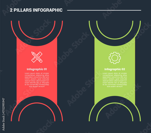 2 pillars infographic process diagram with strong block with half circle cut opposite direction with dark background bright outline style 2 points