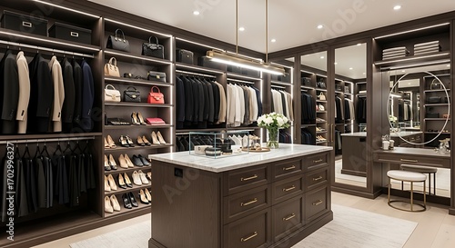 Luxurious Walk-in Closet with Central Island and Extensive Storage.