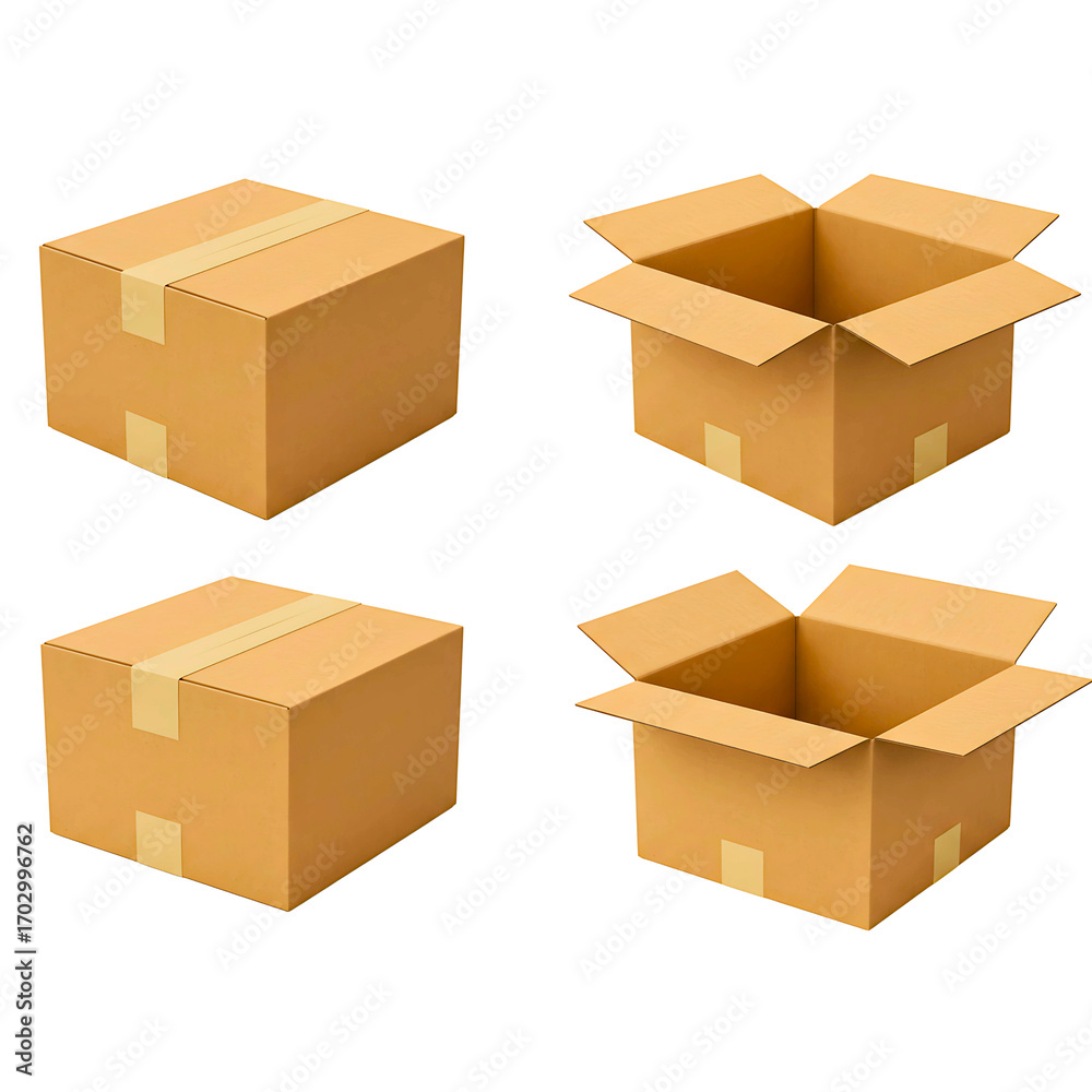 Fototapeta premium Cardboard boxes set open closed isolated on white background