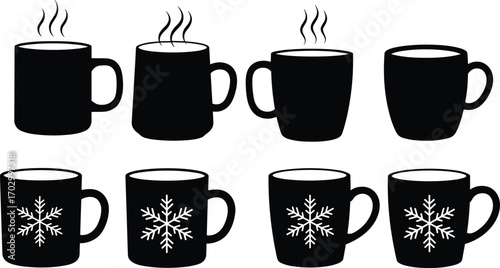 Black Coffee and Tea Mugs with Steam and Snowflake Symbols – Vector Winter Drink Silhouettes for Seasonal Holiday Design