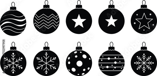 Black silhouette Christmas baubles set with various holiday patterns, stars, snowflakes, and decorative designs, festive vector illustration.