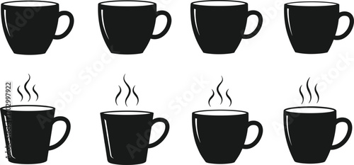 Black coffee cup vector icons set with steam, perfect for hot beverage branding, café menus, coffee shop designs, and marketing materials.