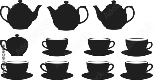 Black silhouette teapot and teacup set, vintage tea service collection, classic cup and saucer design, vector kitchenware illustration.