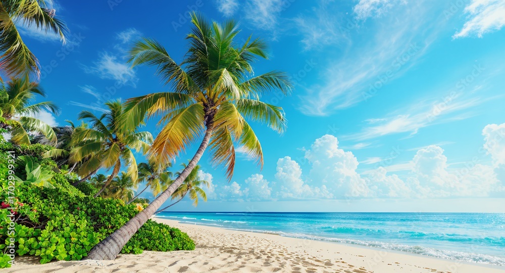 Fototapeta premium Tropical Beach Scene Palm Trees, Ocean, and White Sand