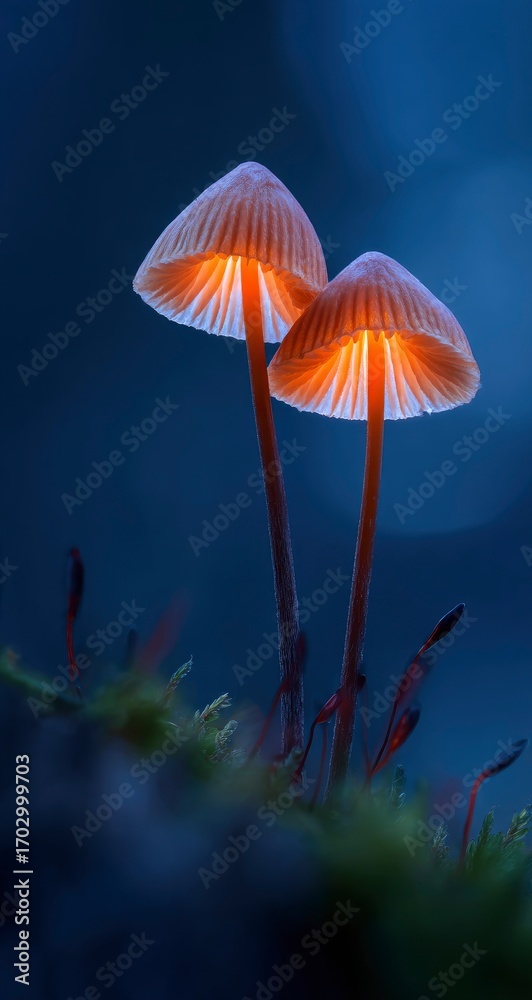 Fototapeta premium Glowing orange mushrooms in dark forest