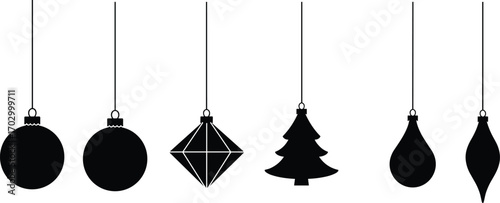 Black silhouette vector of hanging Christmas ornaments including balls, diamond shape, tree, and teardrop shapes for festive decoration.