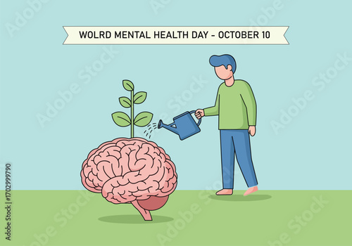 vector illustration of a person watering a brain with a growing plant for a World Mental Health Day concept of nurturing mental growth and well-being.