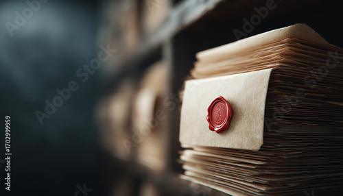 Vintage document paper folder red wax seal archive shelf legal record confidential file office storage old paperwork.