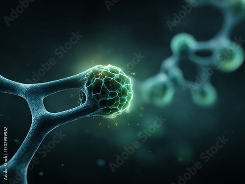 Glowing particle fusion nanoscopic reaction molecular network green bioluminescence futuristic science macro detail soft bokeh abstract energy