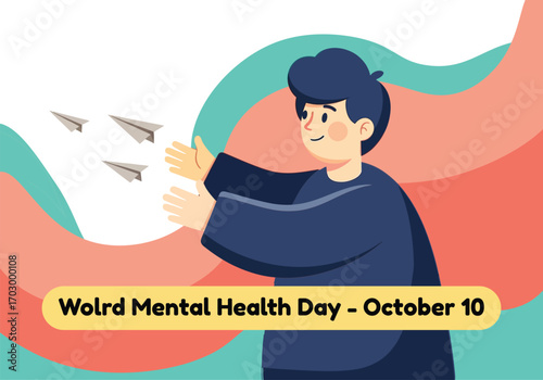 vector illustration of a person releasing paper airplanes from their head for a World Mental Health Day concept of letting go of thoughts and finding mental freedom.