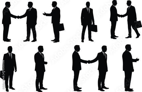 Businessmen silhouettes shaking hands, standing, walking, holding briefcases, and communicating in formal suits, representing professional corporate partnership, teamwork, negotiation, and business 