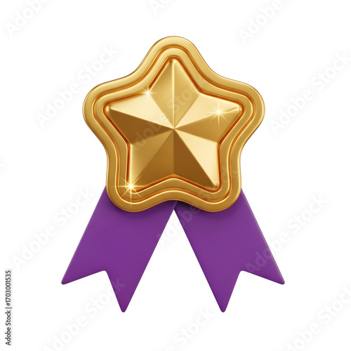 Golden star achievement award ribbon purple medallion symbol of success and recognition  - 3d render illustration