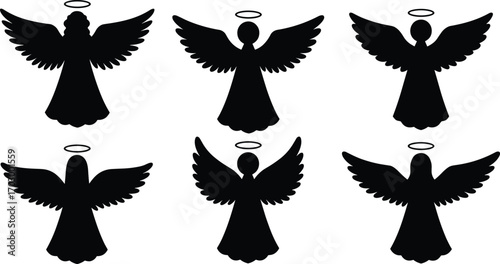Christmas angel silhouette vector set with halos and wings in various poses, ideal for religious, spiritual, and festive designs.
