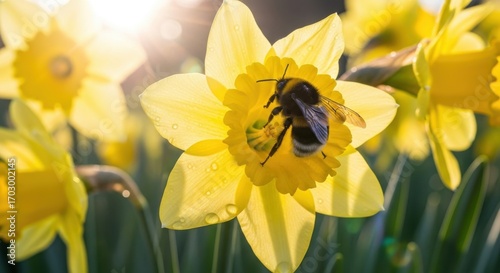 Bumblebee on Daffodil: A Sunny Spring Scene of Pollination in Action