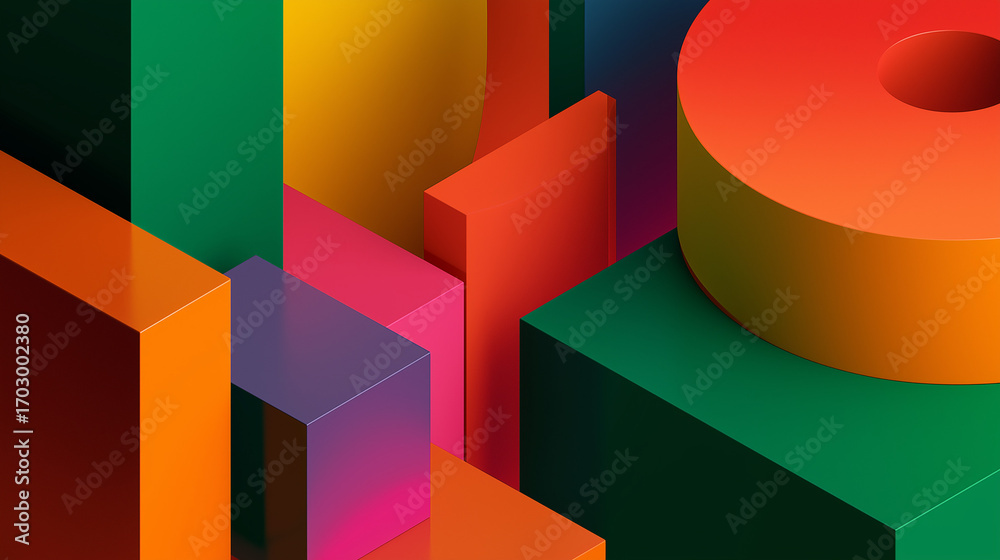 Obraz premium Abstract geometric shapes in vibrant colors, 3D rendering, modern art style, high contrast