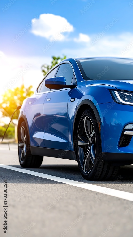 Fototapeta premium Blue car driving sunny road, summer