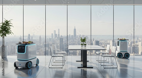 Two autonomous delivery robots serve food in a modern high-rise office with a stunning city view.