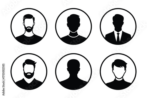 Set of six anonymous user icons in simple black and white style