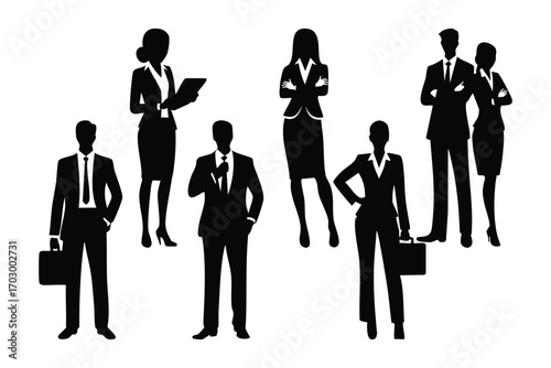 Diverse Group of Business People Silhouettes in Suits on White Background