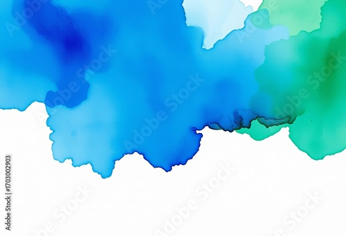 Abstract watercolor wash in blues and greens, textured white paper background, nature, watercolor