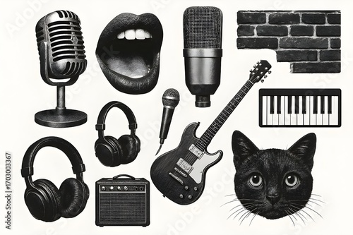 Black and white vintage collage of music objects with guitar, microphone, and surreal elements