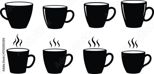 Collection of black coffee cup icons, hot drink mugs with steam, vector silhouette set for cafe menu, barista design.