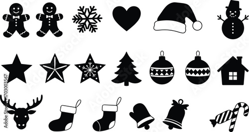 Christmas vector icon set with festive elements like stars, Santa hat, gifts, bells, ornaments, stockings, and decorations.Christmas vector icon set with