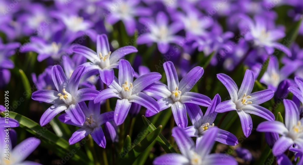 Fototapeta premium Abundant glory of Chionodoxa flowers creating a vivid violet springtime carpet