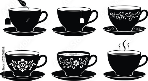 Collection of Black Tea and Coffee Cups with Floral Designs, Steam, Tags and Leaves – Vector Silhouettes for Café Graphics