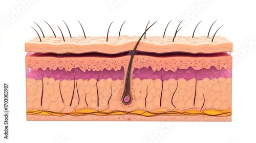 Human Skin Cross Section with Ingrown Hair Follicle Anatomy.