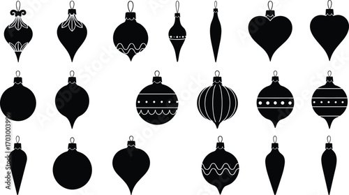 Collection of elegant Christmas ornaments vector silhouettes in various shapes and styles, perfect for holiday decorations and festive designs.Collection of 
