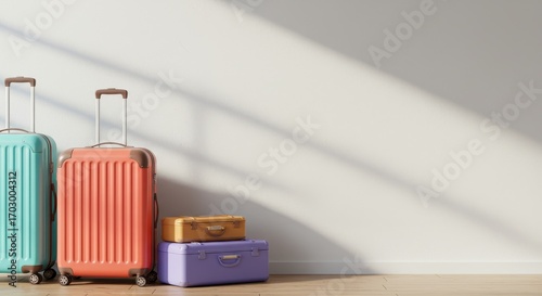 Colorful Luggage Set in Modern Interior Space with Sunlight Shadows on the Wall