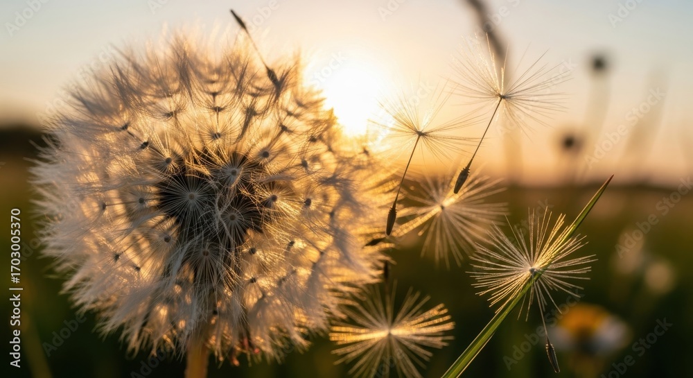 Obraz premium Golden hour illumination of dandelion seeds dispersing in tranquil scene