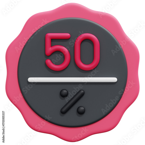 Vibrant 3D rendered fifty percent discount badge, perfect for e-commerce promotions and marketing sales events. This isolated icon showcases a special half-price offer