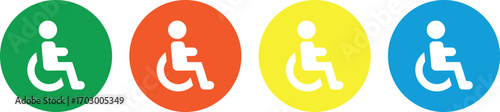 Set of four accessible wheelchair user icons in green red yellow and blue circles vector