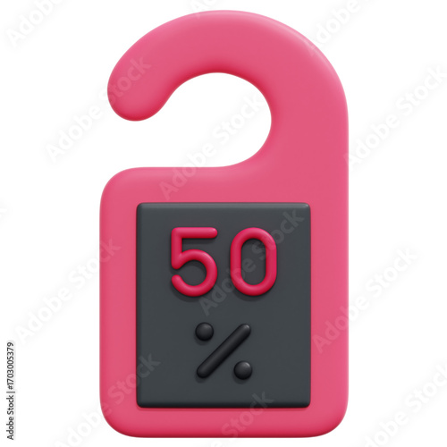 Eye-catching 3D rendered pink door hanger icon prominently displaying a 50% off tag, symbolizing a fantastic discount and exclusive special offer for marketing
