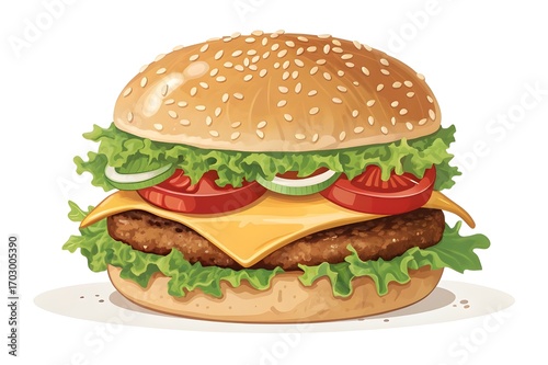 Photorealistic Juicy Burger with Cheese on White Background
