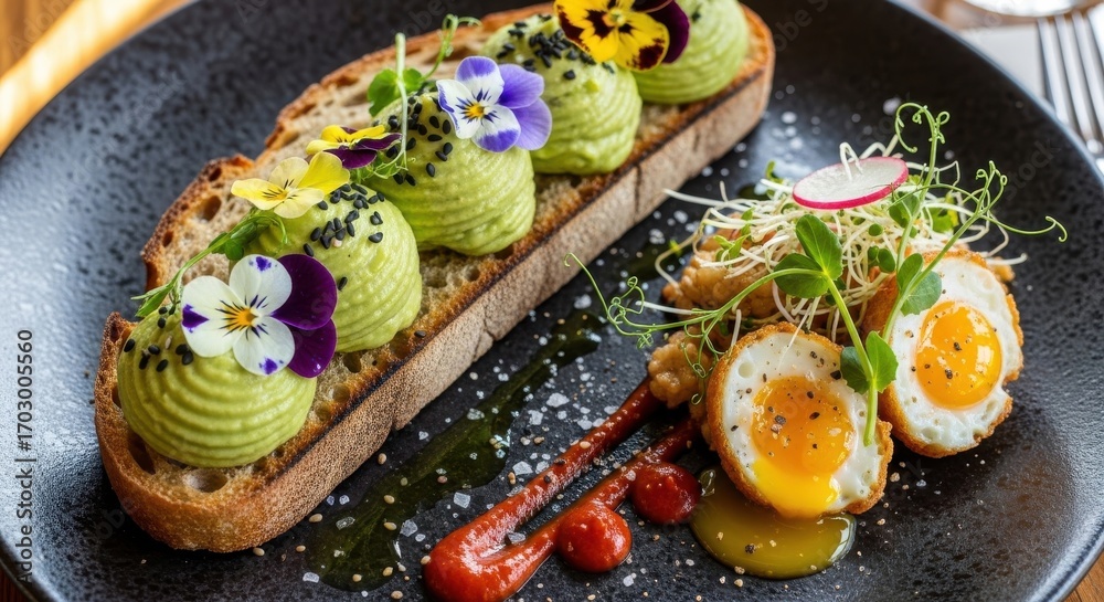 Fototapeta premium Elevated Avocado Toast with Quail Eggs and Edible Flowers for Brunch