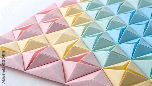 Fototapeta Naklejka Na Ścianę i Meble -  Folded Origami Triangle Overlay. Overlapping pastel paper triangles folded like origami—a gentle geometric repeat.
