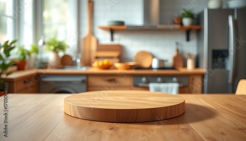 Blurred kitchen backdrop, round wooden table, empty pedestal,  ready for product display, wood, empty