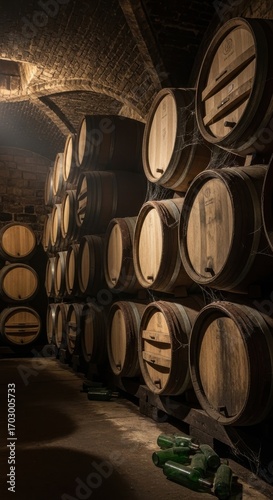 Aged wooden barrels meticulously stacked in a dim and cavernous wine cellar