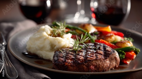 Restaurant dish of steak with sauce served alongside wine glass luxury gourmet fine dining presentation symbolizing culinary tradition lifestyle food culture and elegant celebration