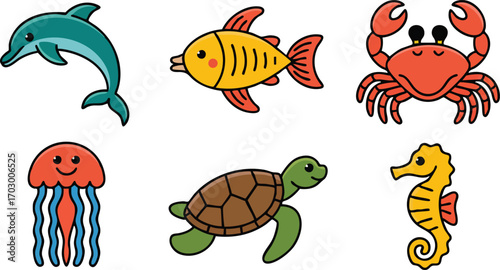 Adorable ocean animals cartoon collection featuring a dolphin, fish, crab, jellyfish, turtle, and seahorse