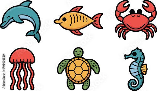 Delightful ocean creatures collection featuring a dolphin, fish, crab, jellyfish, turtle, and seahorse