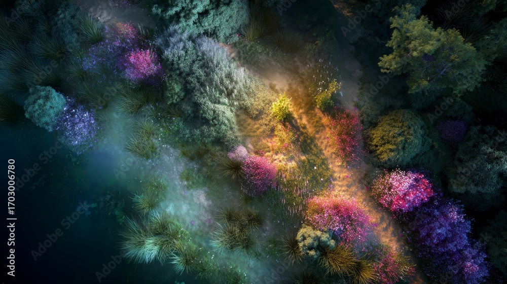 Naklejka premium Drone aerial shot of enchanted meadow with glowing wildflowers, fantasy surrealism,