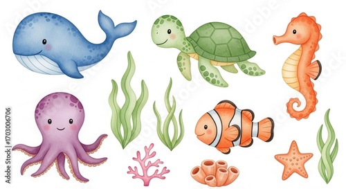 Playful watercolor under the sea illustration featuring cartoon marine life