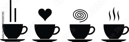 Minimal Black Tea and Coffee Cup Icons with Steam, Heart, and Swirl Symbols – Vector Silhouette Collection for Café Branding