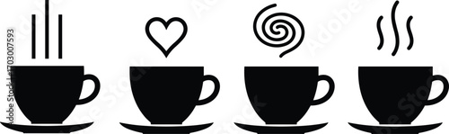 Minimalist Black Coffee and Tea Cups with Steam, Heart, and Swirl Symbols – Vector Silhouette Set for Café Design ElementsMinimalist Black Coffee and Tea Cups with Steam, Heart, and Swirl Symbols – 